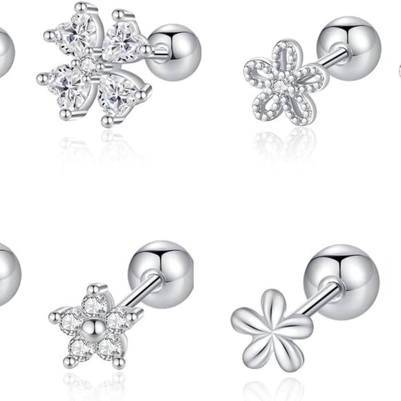 Jewelry - Silvery Metal CZ Flower Stud Earrings for Women, Mini Floral, Screw Back, Gift B